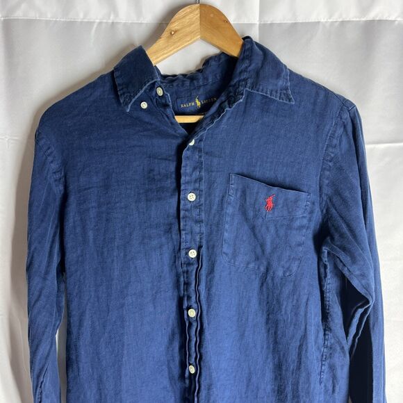 Polo Ralph Lauren Blue 100% Linen Long Sleeve Button Down Shirt Men’s Small - Picture 2 of 7
